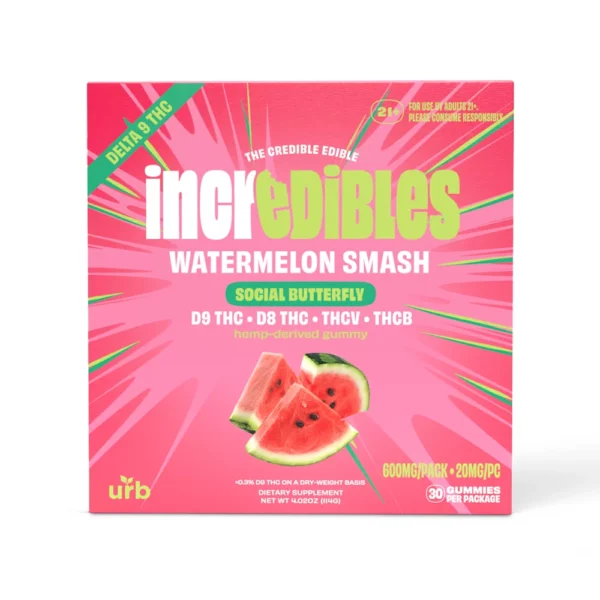 INCREDIBLES - SOCIAL BUTTERFLY - D9/D8/THCV/THCB - GUMMIES - 10CT DISPLAY - WATERMELON SMASH - 600MG